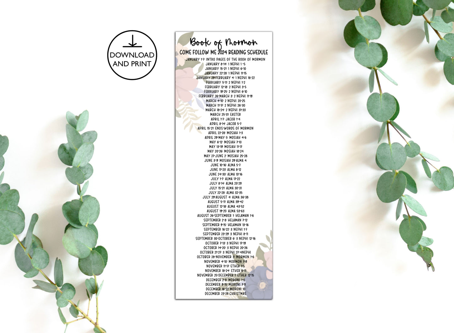Come Follow Me 2024 Book of Mormon Reading Schedule Bookmarks Floral