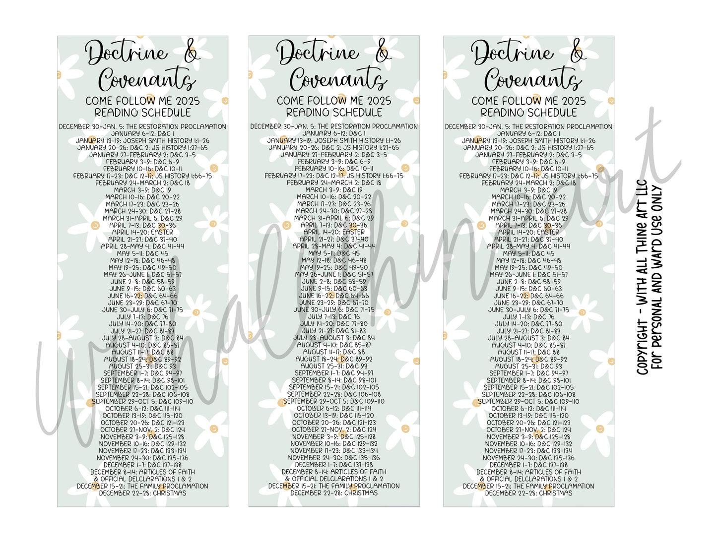 Come Follow Me 2025 Reading Schedule Doctrine and Covenants Bookmarks - Daisy Design