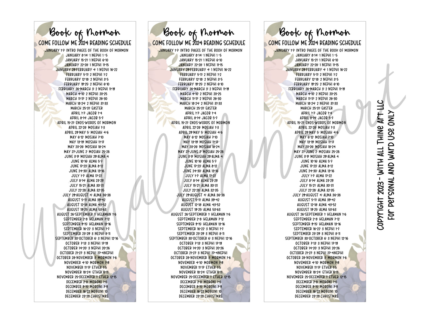Come Follow Me 2024 Book of Mormon Reading Schedule Bookmarks Floral