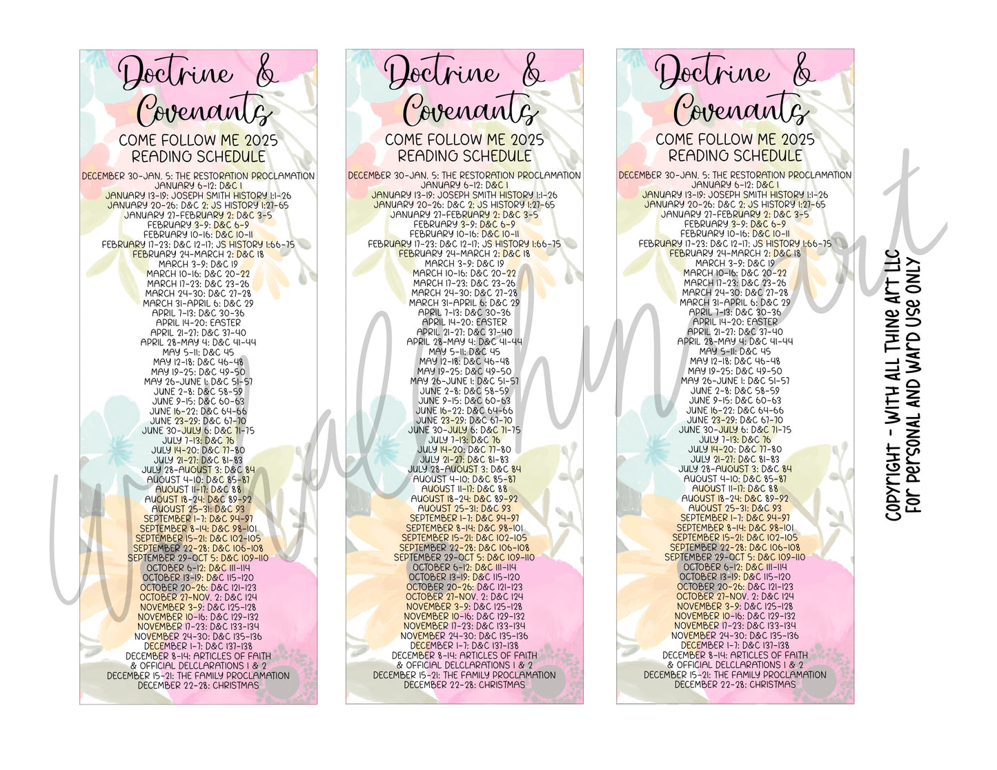 Come Follow Me 2025 Reading Schedule Doctrine and Covenants Bookmarks - Floral Design